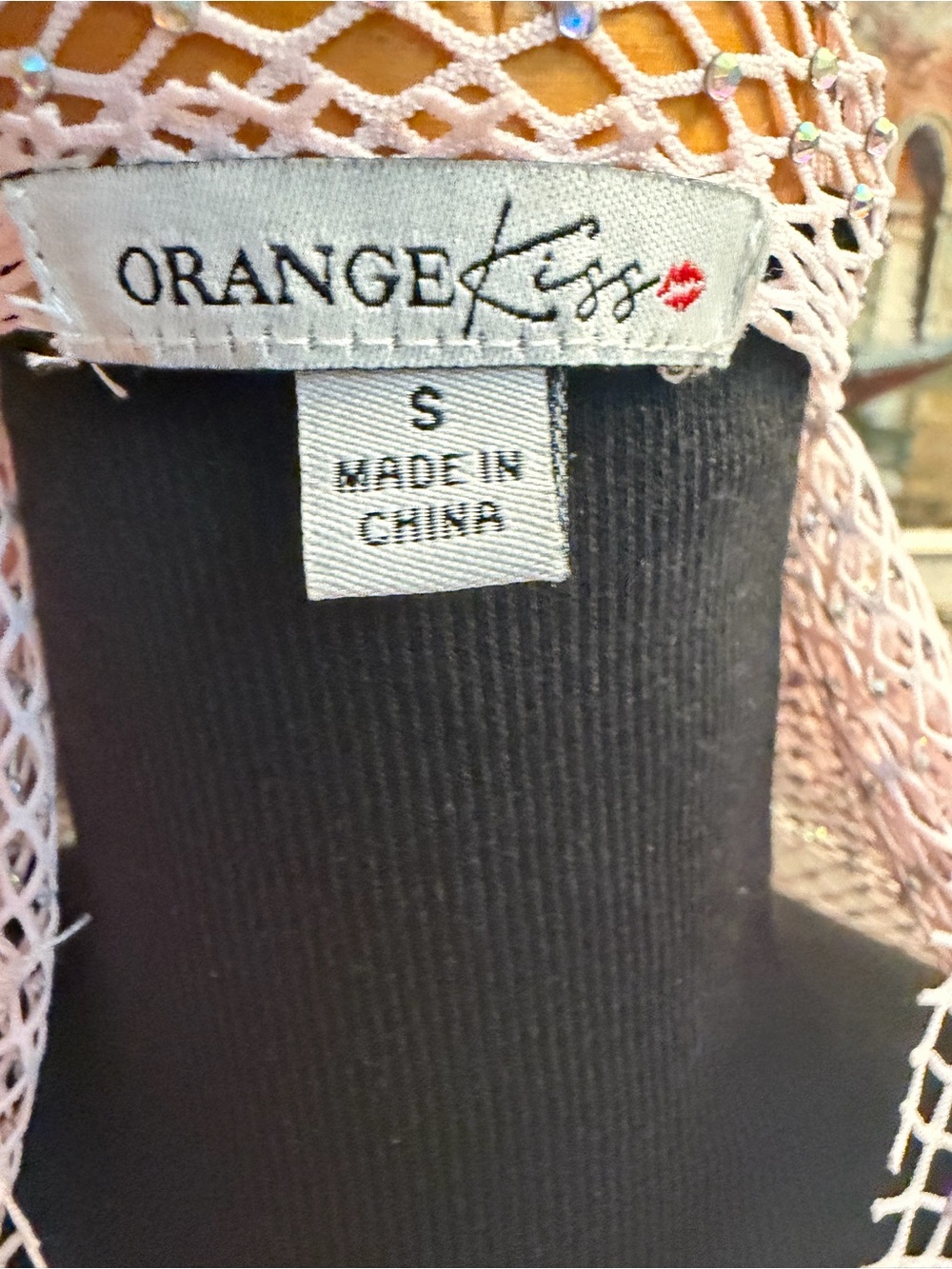 ORANGE KISS Long Sleeve Rhinestone Top Blush Pink Size SM Sheer Sparkly Mesh - Picture 8 of 11